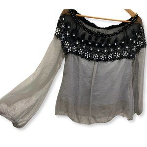Sheer Sparkle Blouse with Lace & Rhinestone Detail